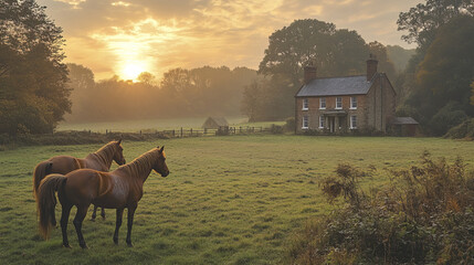 Sticker - tranquil countryside scene with horses grazing at sunrise near house