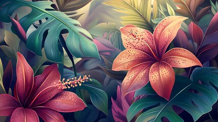 Wall Mural - Lush Tropical Flowers and Leaves in Vibrant Hues