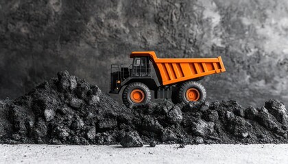 Orange mining truck hauling coal, dark quarry background