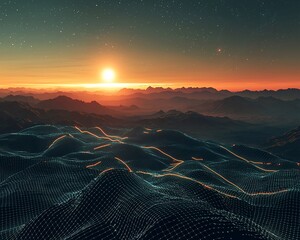 Poster - Futuristic sunset over digital landscape.