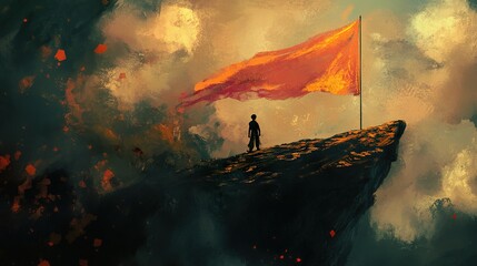 Canvas Print - Solitary Figure on a Cliff with a Dramatic Orange Flag