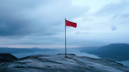 Canvas Print - Red Flag on a Mountaintop: Scenic Fjord Landscape