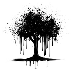 Wall Mural - Black ink tree illustration, with drips.