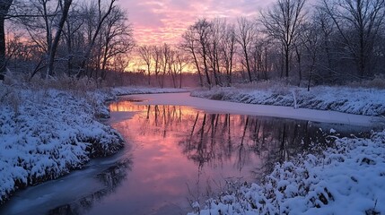 Wall Mural - Winter Sunrise Serenity: A Frozen River's Pink Reflection