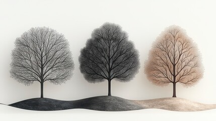 Canvas Print - Three stylized trees in grayscale, winter, autumn, and spring colors on a minimalist background.