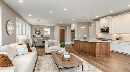 Wall Mural - Modern living room with kitchen and dining area.