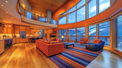 Wall Mural - Modern living room with large windows and mountain views.