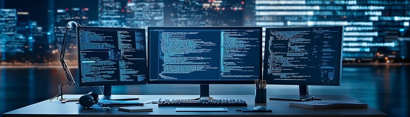 Wall Mural - A hacker's desk with multiple screens showing code and network vulnerabilities, set in a dark, minimalist environment with ample copy space.