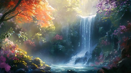 Poster - Serene Waterfall Cascading Through Autumnal Forest