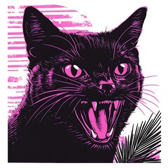 Naklejka na meble Black cat with pink details and open mouth.