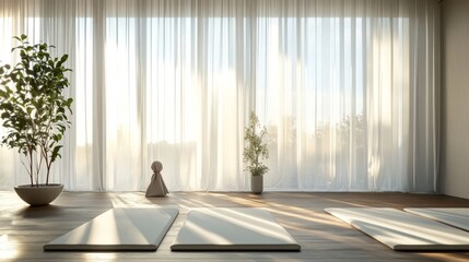 Wall Mural - A tranquil retreat space featuring large windows, sheer curtains, yoga mats, and minimalist decor, bathed in warm natural light