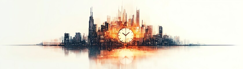 Abstract city skyline with sunset and artistic clock design.