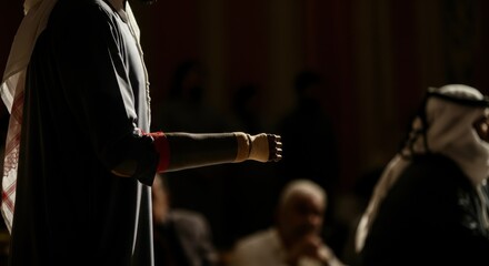 Arab male with prosthetic arm in traditional clothing at event