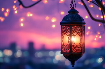 Canvas Print - Illuminated Lantern Hanging Against Twilight Cityscape