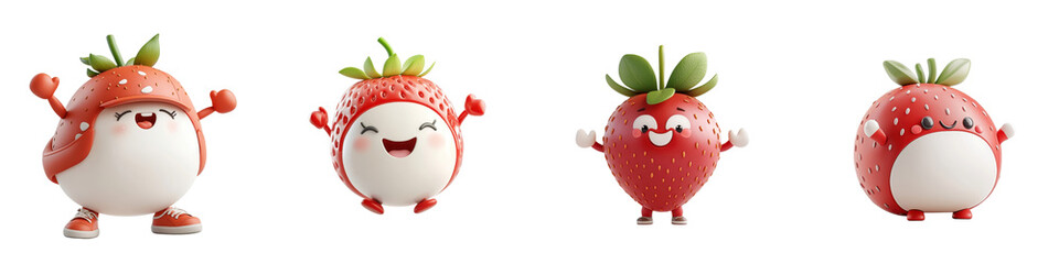 Wall Mural - 3D cartoon strawberry, playful character isolated on white background. Mix Collection Png.