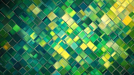 Wall Mural - a vibrant, abstract mosaic of green shades, blending squares in various sizes for a visually captiva