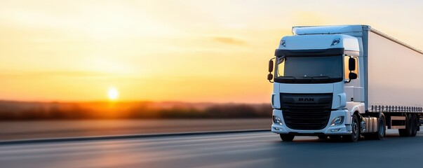 Cargo Management and Warehouse Scheduling Solutions concept. Truck driving on a highway at sunset.