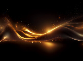 Wall Mural - golden, luminous waves flow across a dark background, shimmering with sparkling particles. a sense o