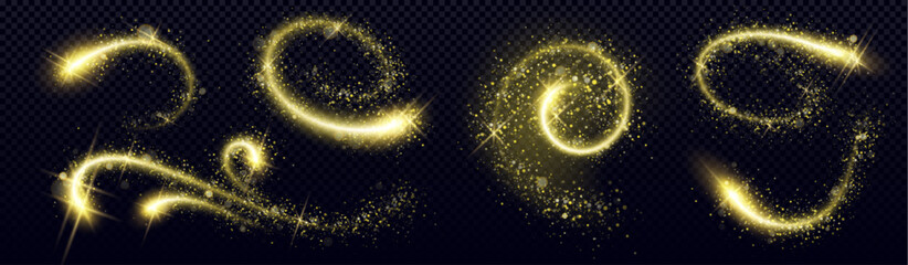 Wall Mural - gold glitter spiral collection with bright sparkle trails and magical stardust effects. luminous cur
