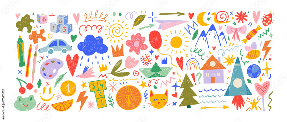 Funky childish doodles and icons drawn with crayon. Cute kid scribble ...