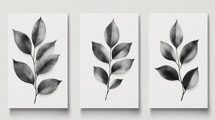 Triptych of grayscale botanical illustrations featuring stylized leaves.