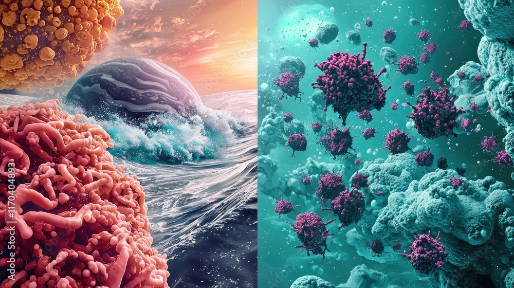 Split-screen image: Left side shows Neptune's stormy surface, right ...