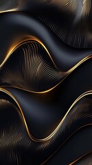 Wall Mural - an abstract wave design with flowing black and golden lines, creating a luxurious and modern aesthet
