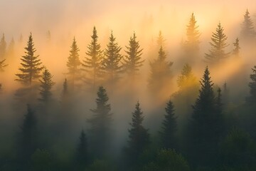 Wall Mural - Golden Sunrise Illuminates Misty Evergreen Forest