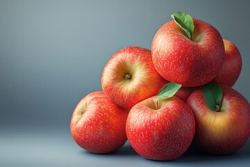 Wall Mural - A pile of five red apples with green leaves on a gray background.