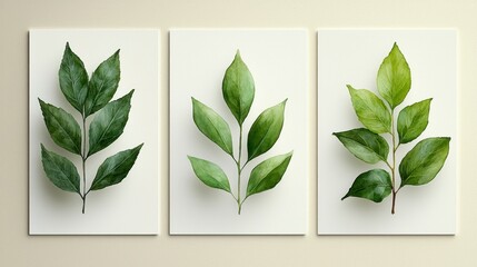 Wall Mural - Triptych of green leaves on white background.