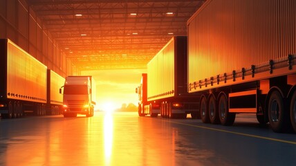 Wall Mural - Cargo Management and Warehouse Scheduling Solutions concept. Trucks in a warehouse with a sunset backdrop.