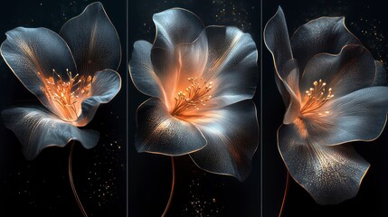 Wall Mural - Triptych of luminous, dark blue and gold flowers on black background.