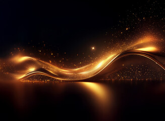 Wall Mural - golden, luminous wave flows across a dark background, shimmering with sparkling particles and reflec