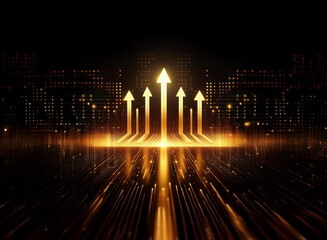 Wall Mural - golden arrows ascend from a glowing city horizon, symbolizing growth and progress in a digital lands