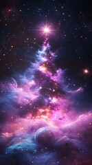 mesmerizing cosmic nebula resembling a vibrant tree against the backdrop of a starry universe