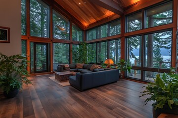 contemporary home with natural materials and large glass windows