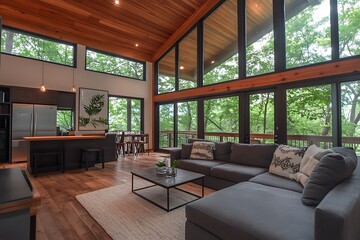 contemporary home with natural materials and large glass windows