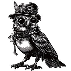 A stylized owl wearing goggles and a hat, embodying a whimsical design.