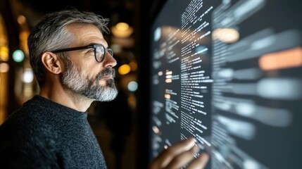 Fototapete - A focused man interacts with a digital display, analyzing code or data, illuminated by soft background lighting in a modern environment.