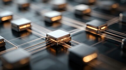 Fototapete - A close-up view of interconnected microchips on a circuit board, showcasing intricate designs and glowing connections.