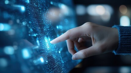Aufkleber - A hand interacts with a digital interface, showcasing a futuristic display of glowing data points and connections.
