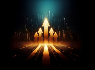 Wall Mural - golden arrows ascend from a glowing path, symbolizing growth and progress within a digital landscape