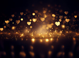 Canvas Print - Golden hearts shimmer and sparkle against a dark background, creating a magical, romantic atmosphere.  The light reflects beautifully on a dark surface below.