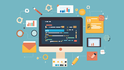 Vector Illustration of Web Development Process with Coding on Monitor Surrounded by Design Elements for Technology, Programming, and Website Design Concepts