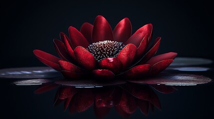 Canvas Print - Dark Red Water Lily Blooming in Still Water