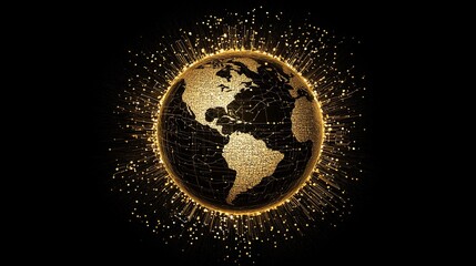 Wall Mural - golden digital world map radiating light, global network, black background