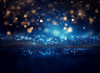 Wall Mural - deep blue background with shimmering gold and blue glitter, creating a magical, festive atmosphere. 