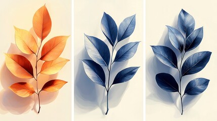 Wall Mural - Triptych of stylized leaves in autumnal, blue, and dark-blue hues.