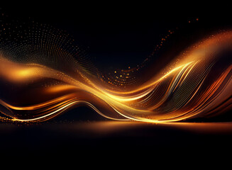 Wall Mural - abstract image of flowing, luminous gold and orange waves on a black background. the waves are dynam