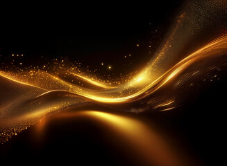 Wall Mural - glowing golden particles swirl and flow across a dark background, creating a dynamic, abstract wave 